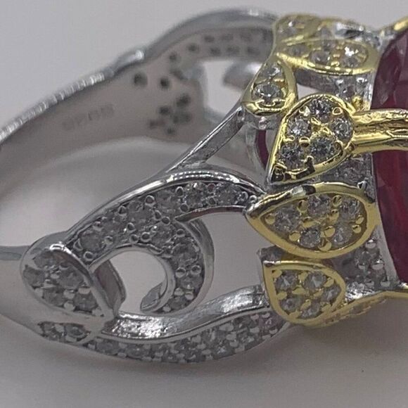 Ring, NWOT, solid 925 sterling silver, 18 k gold accents, lab ruby sz 7 - Picture 6 of 15